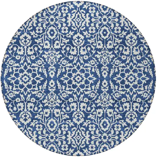 8' Navy Blue And Ivory Round Damask Washable Indoor Outdoor Area Rug Photo 5