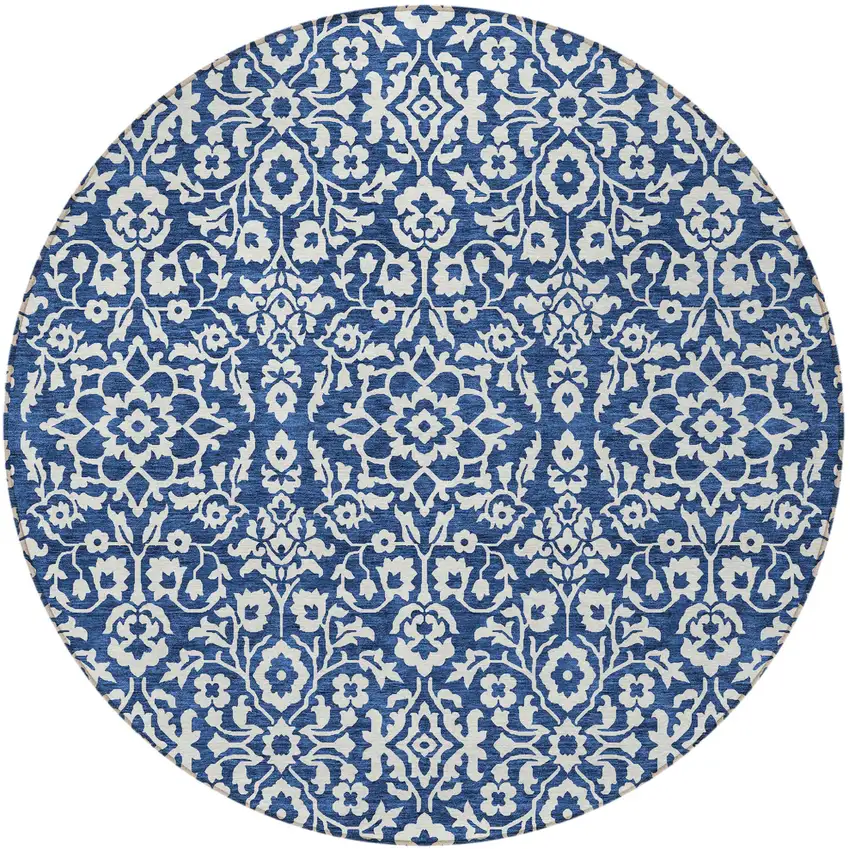 8' Navy Blue And Ivory Round Damask Washable Indoor Outdoor Area Rug Photo 5