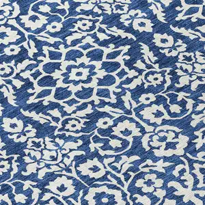 Photo of 8' Navy Blue And Ivory Round Damask Washable Indoor Outdoor Area Rug