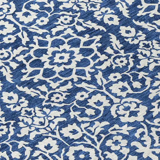 8' Navy Blue And Ivory Round Damask Washable Indoor Outdoor Area Rug Photo 8
