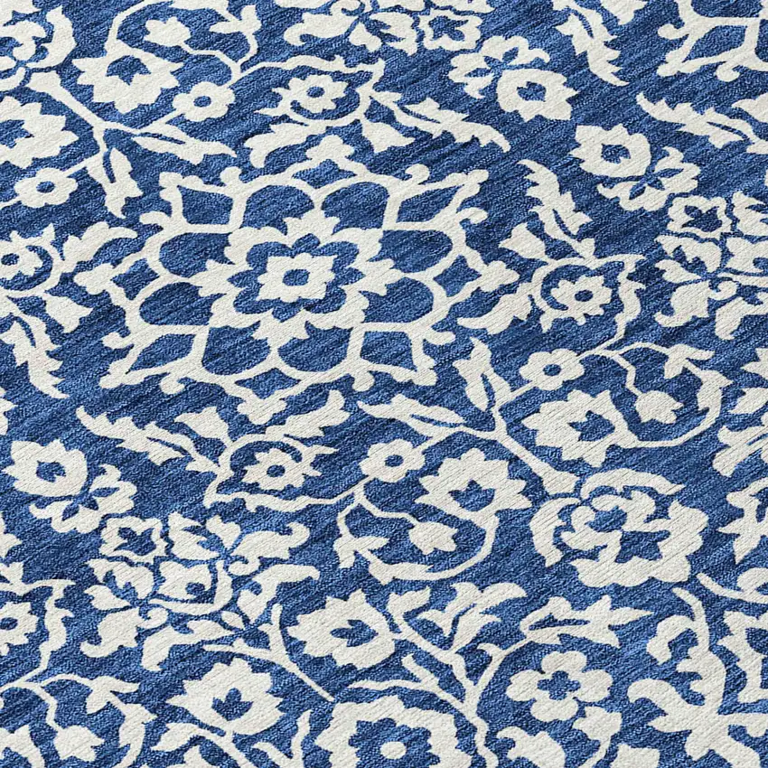 8' Navy Blue And Ivory Round Damask Washable Indoor Outdoor Area Rug Photo 8