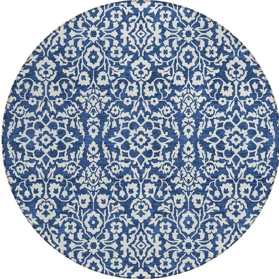 8' Navy Blue And Ivory Round Damask Washable Indoor Outdoor Area Rug Photo 4