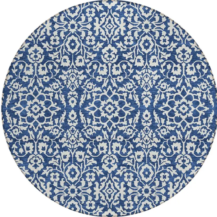 8' Navy Blue And Ivory Round Damask Washable Indoor Outdoor Area Rug Photo 4