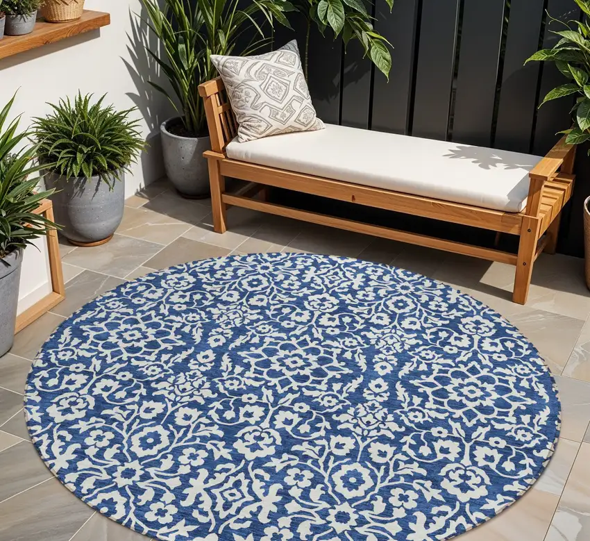 8' Navy Blue And Ivory Round Damask Washable Indoor Outdoor Area Rug Photo 1