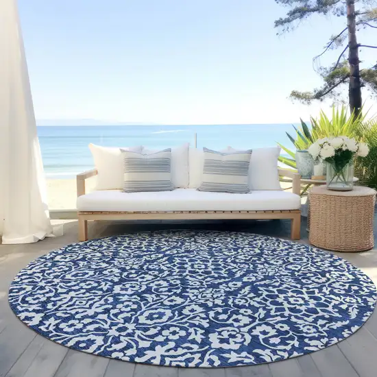8' Navy Blue And Ivory Round Damask Washable Indoor Outdoor Area Rug Photo 6