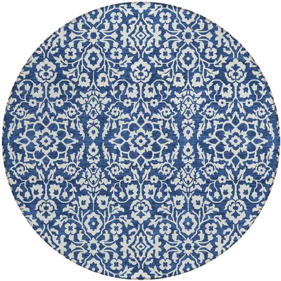 8' Navy Blue And Ivory Round Damask Washable Indoor Outdoor Area Rug Photo 2