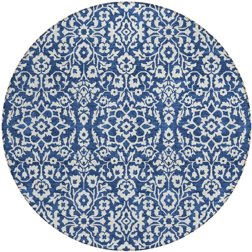 8' Navy Blue And Ivory Round Damask Washable Indoor Outdoor Area Rug Photo 2