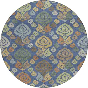 Photo of 8' Navy Blue And Ivory Round Damask Washable Indoor Outdoor Area Rug