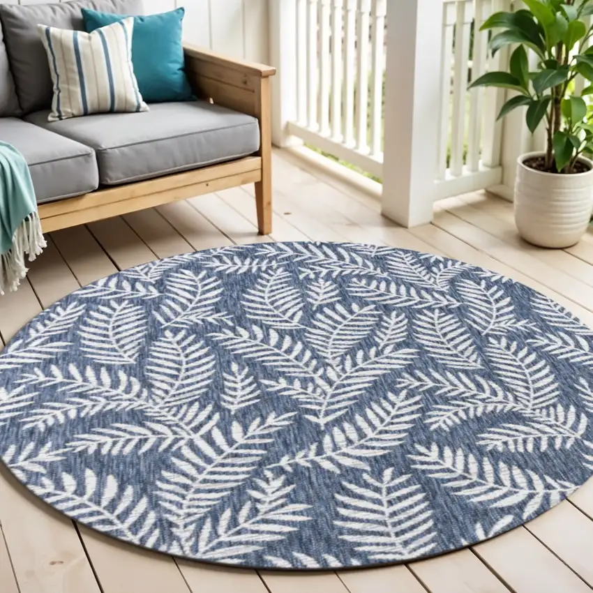 6' Navy Blue And Ivory Round Floral Indoor Outdoor Area Rug Photo 1
