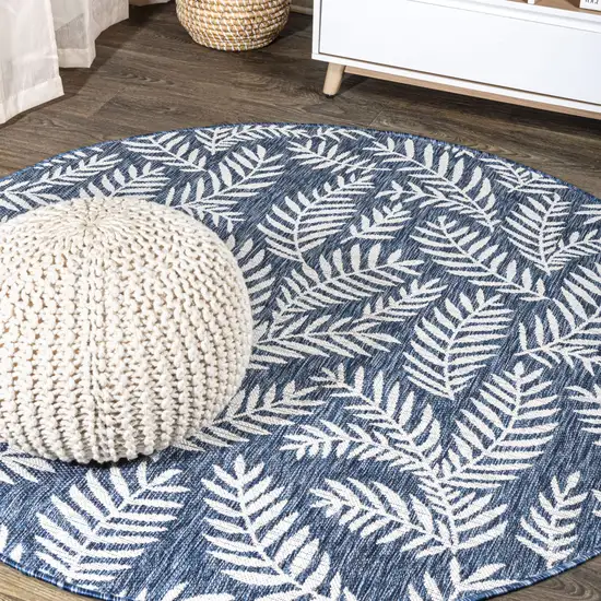 8' Navy Blue And Ivory Round Floral Indoor Outdoor Area Rug Photo 4