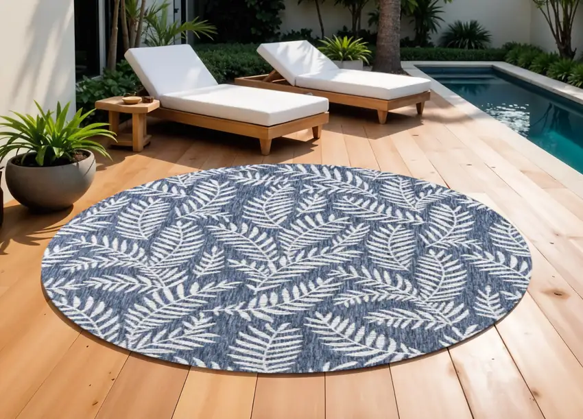 9' Navy Blue And Ivory Round Floral Indoor Outdoor Area Rug Photo 1