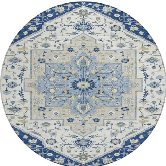 8' Navy Blue And Ivory Round Floral Medallion Washable Indoor Outdoor Area Rug Photo 3