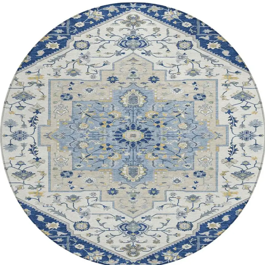 8' Navy Blue And Ivory Round Floral Medallion Washable Indoor Outdoor Area Rug Photo 3