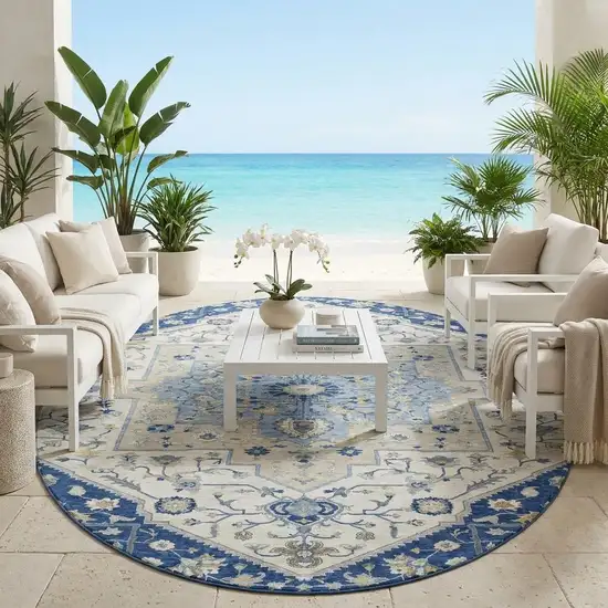 8' Navy Blue And Ivory Round Floral Medallion Washable Indoor Outdoor Area Rug Photo 1