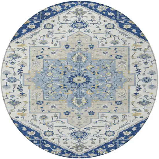 8' Navy Blue And Ivory Round Floral Medallion Washable Indoor Outdoor Area Rug Photo 4