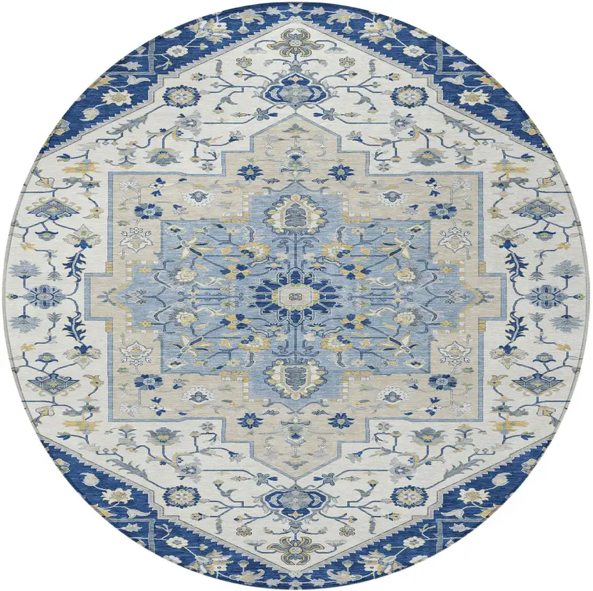 8' Navy Blue And Ivory Round Floral Medallion Washable Indoor Outdoor Area Rug Photo 4