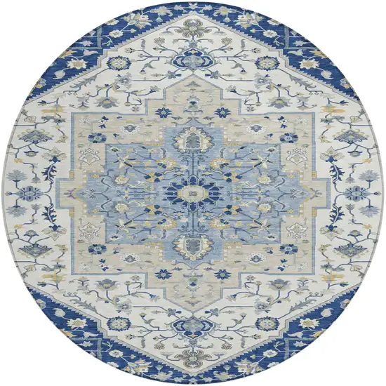 8' Navy Blue And Ivory Round Floral Medallion Washable Indoor Outdoor Area Rug Photo 2