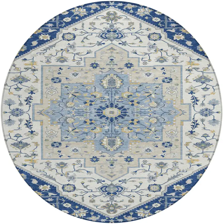 8' Navy Blue And Ivory Round Floral Medallion Washable Indoor Outdoor Area Rug Photo 2