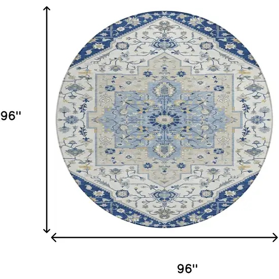 8' Navy Blue And Ivory Round Floral Medallion Washable Indoor Outdoor Area Rug Photo 7