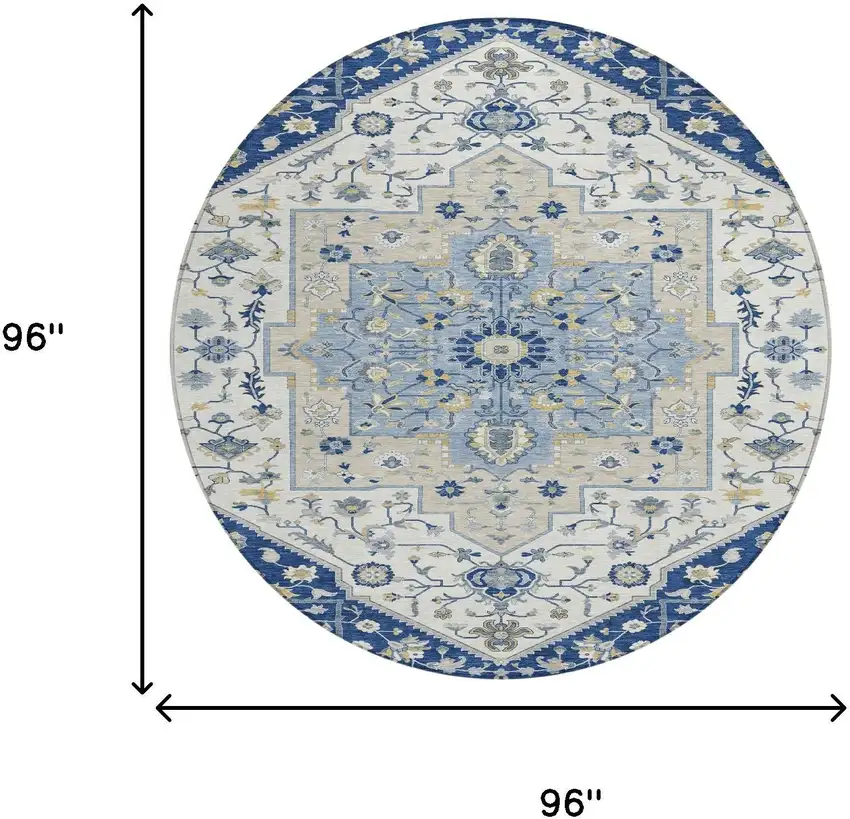8' Navy Blue And Ivory Round Floral Medallion Washable Indoor Outdoor Area Rug Photo 7