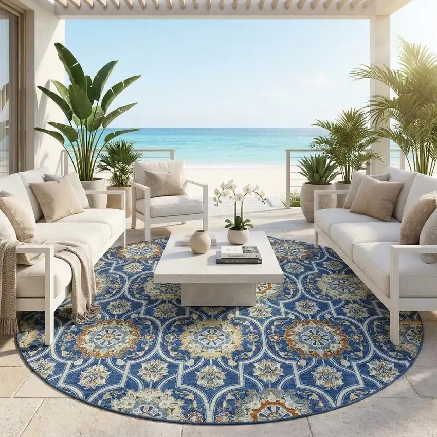 8' Navy Blue And Ivory Round Floral Medallion Washable Indoor Outdoor Area Rug Photo 1