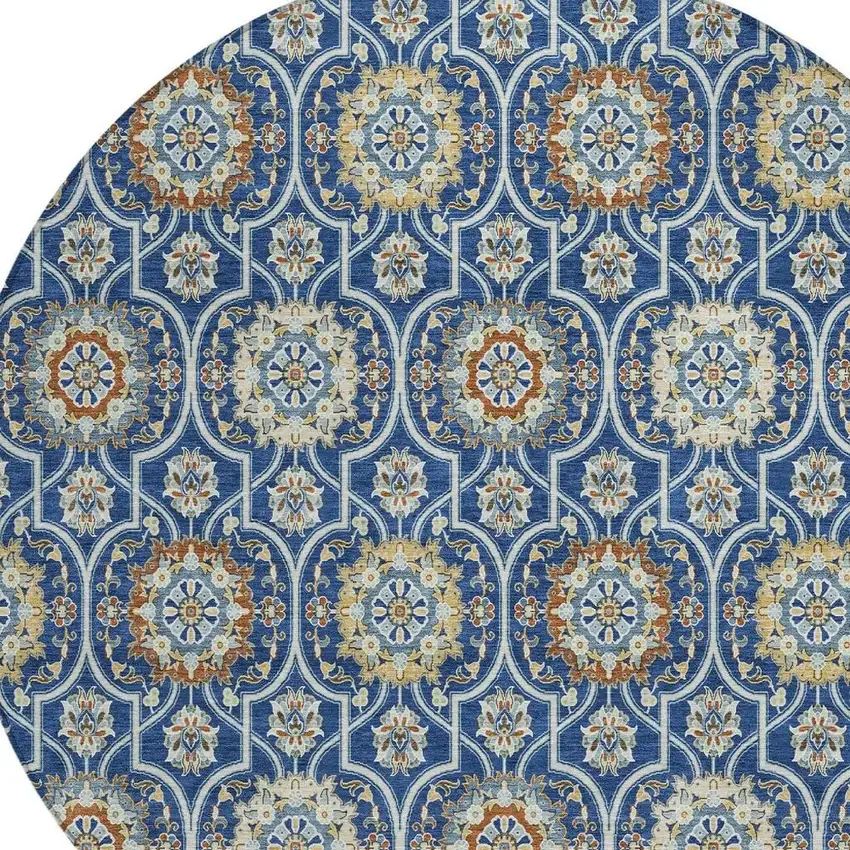 8' Navy Blue And Ivory Round Floral Medallion Washable Indoor Outdoor Area Rug Photo 5