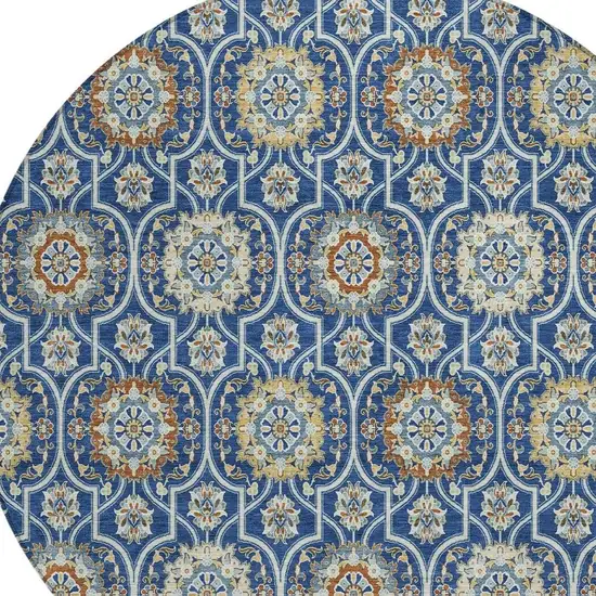 8' Navy Blue And Ivory Round Floral Medallion Washable Indoor Outdoor Area Rug Photo 5