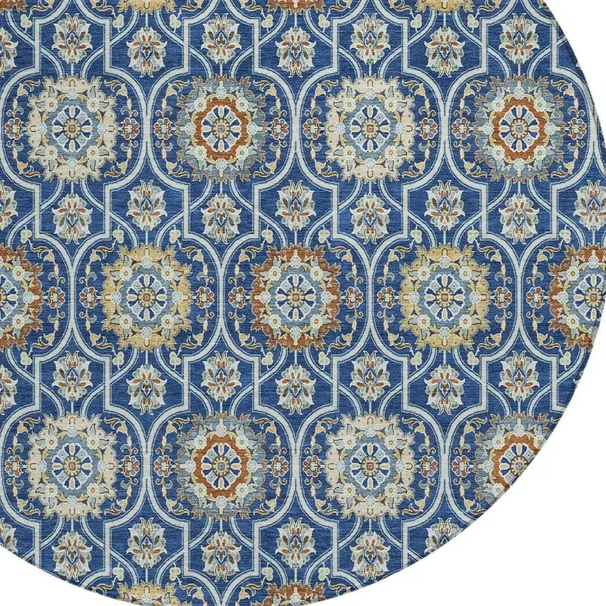 8' Navy Blue And Ivory Round Floral Medallion Washable Indoor Outdoor Area Rug Photo 3