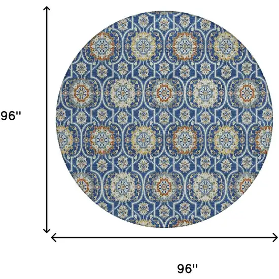 8' Navy Blue And Ivory Round Floral Medallion Washable Indoor Outdoor Area Rug Photo 9