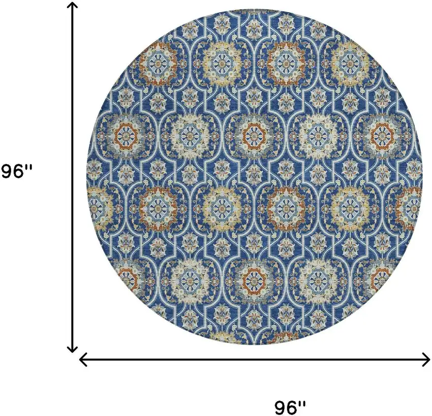 8' Navy Blue And Ivory Round Floral Medallion Washable Indoor Outdoor Area Rug Photo 9