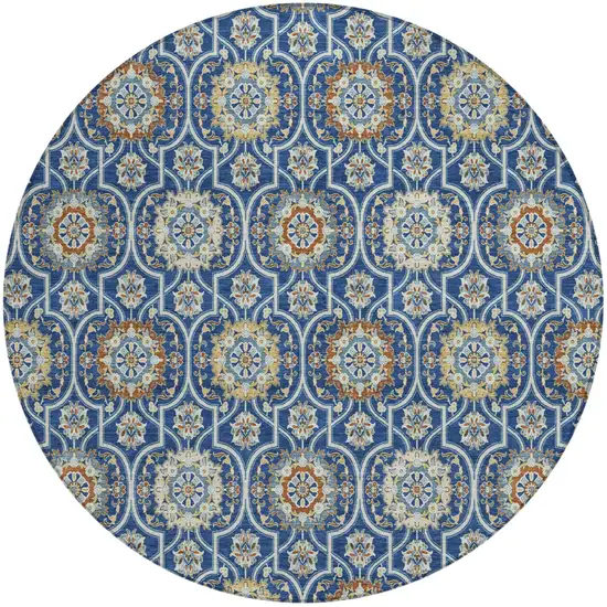 8' Navy Blue And Ivory Round Floral Medallion Washable Indoor Outdoor Area Rug Photo 2