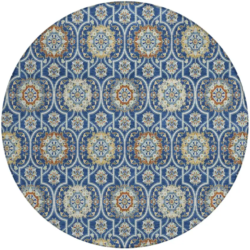 8' Navy Blue And Ivory Round Floral Medallion Washable Indoor Outdoor Area Rug Photo 2