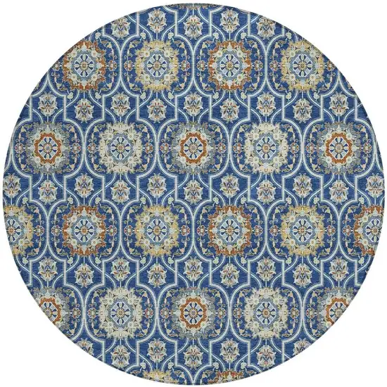 8' Navy Blue And Ivory Round Floral Medallion Washable Indoor Outdoor Area Rug Photo 6