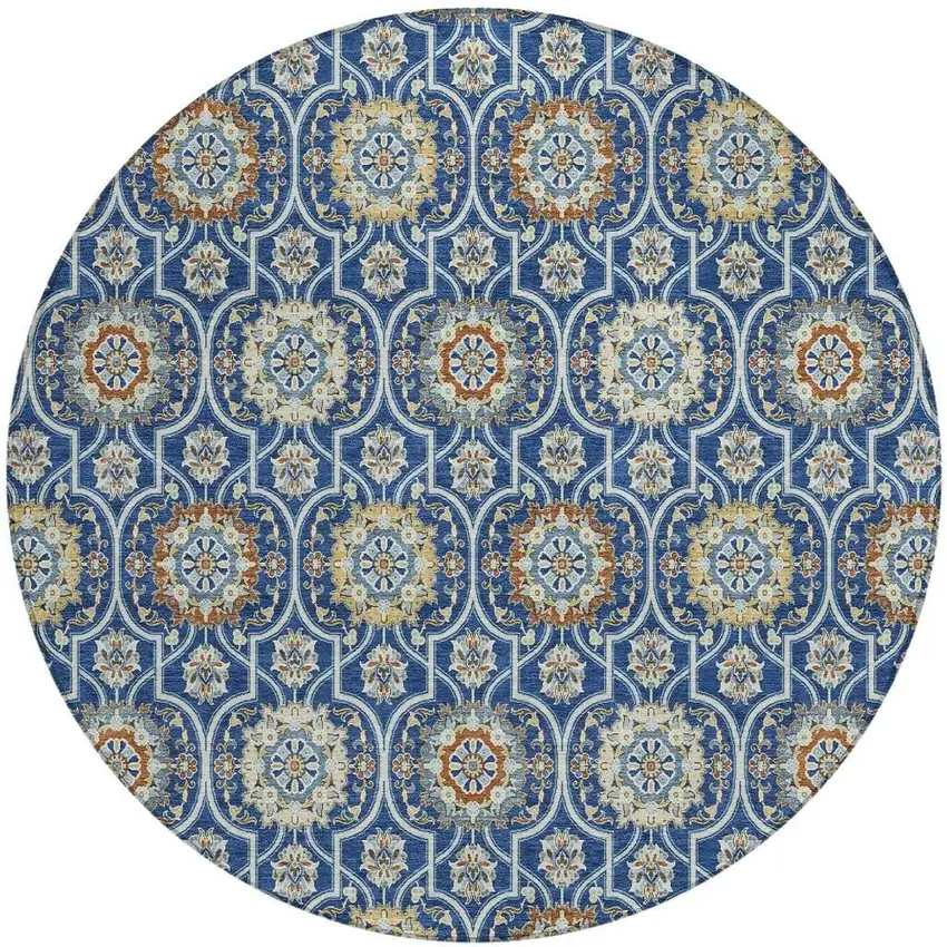 8' Navy Blue And Ivory Round Floral Medallion Washable Indoor Outdoor Area Rug Photo 6