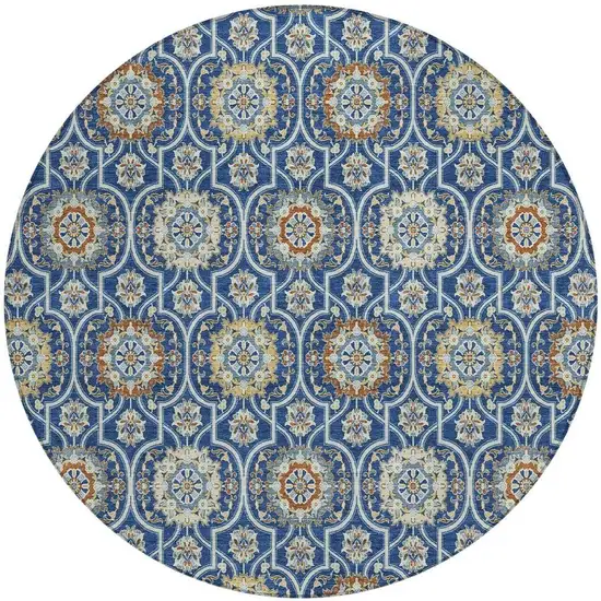 8' Navy Blue And Ivory Round Floral Medallion Washable Indoor Outdoor Area Rug Photo 4
