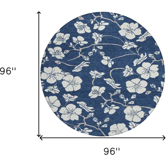 8' Navy Blue And Ivory Round Floral Washable Indoor Outdoor Area Rug Photo 3