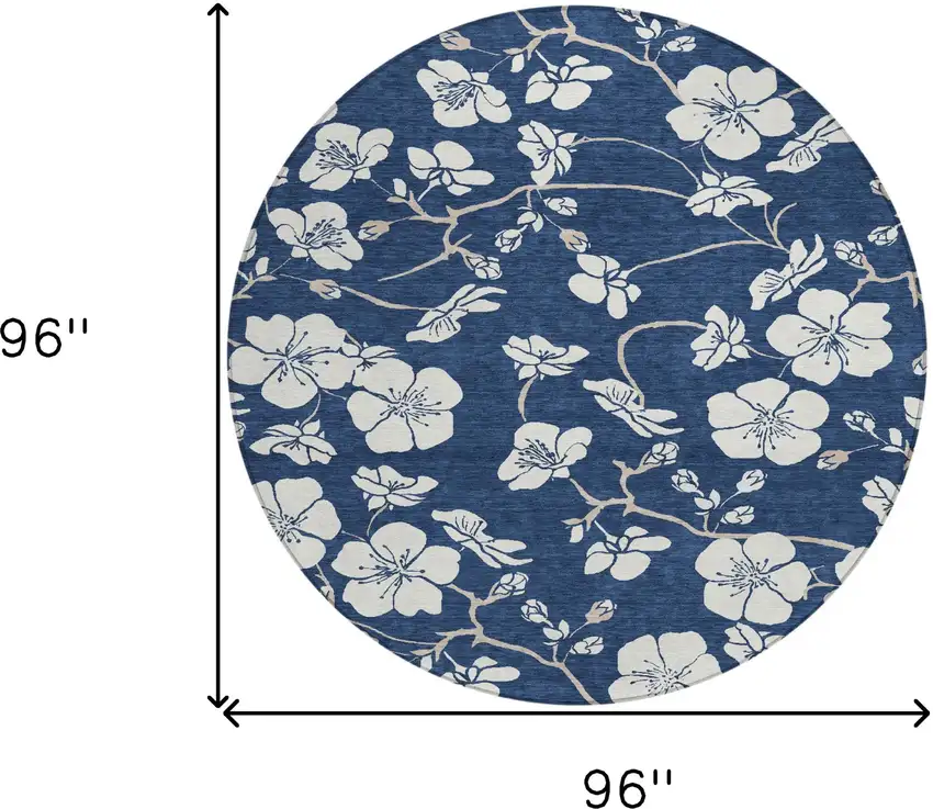 8' Navy Blue And Ivory Round Floral Washable Indoor Outdoor Area Rug Photo 3