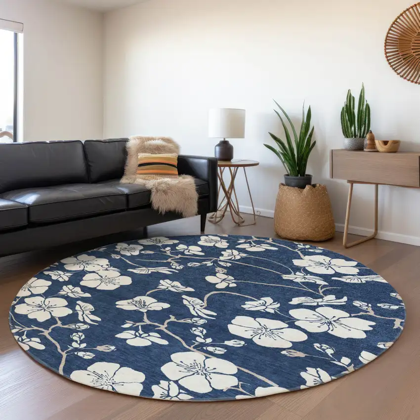 8' Navy Blue And Ivory Round Floral Washable Indoor Outdoor Area Rug Photo 6