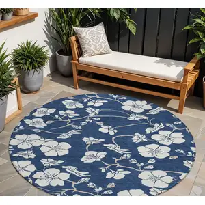 Photo of 8' Navy Blue And Ivory Round Floral Washable Indoor Outdoor Area Rug