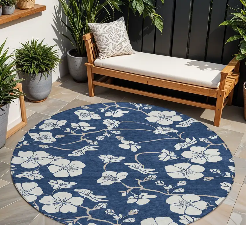 8' Navy Blue And Ivory Round Floral Washable Indoor Outdoor Area Rug Photo 1