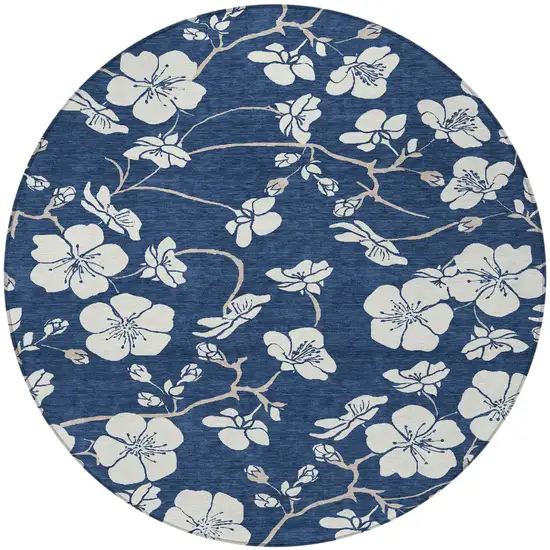 8' Navy Blue And Ivory Round Floral Washable Indoor Outdoor Area Rug Photo 4