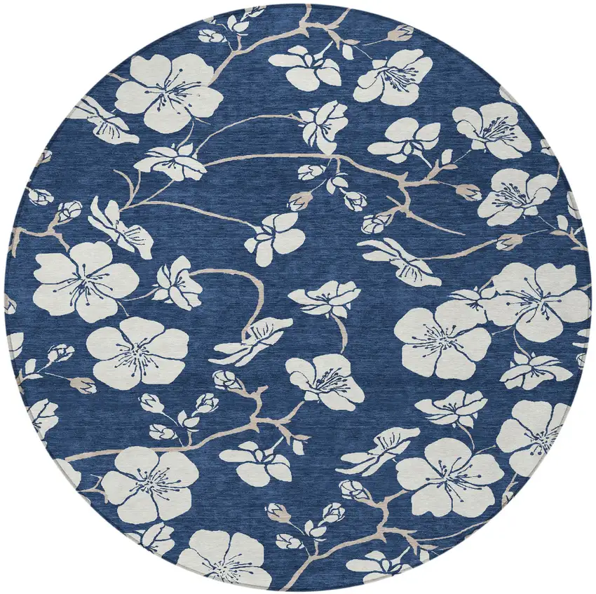 8' Navy Blue And Ivory Round Floral Washable Indoor Outdoor Area Rug Photo 4