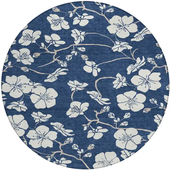8' Navy Blue And Ivory Round Floral Washable Indoor Outdoor Area Rug Photo 2