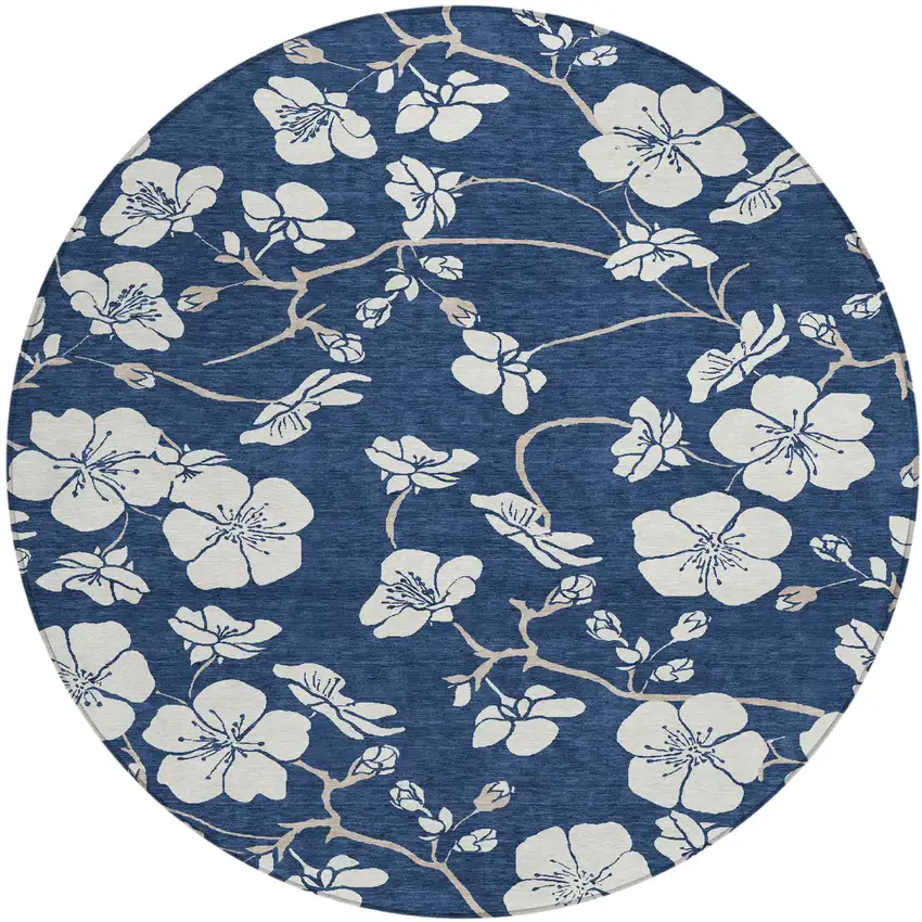 8' Navy Blue And Ivory Round Floral Washable Indoor Outdoor Area Rug Photo 2