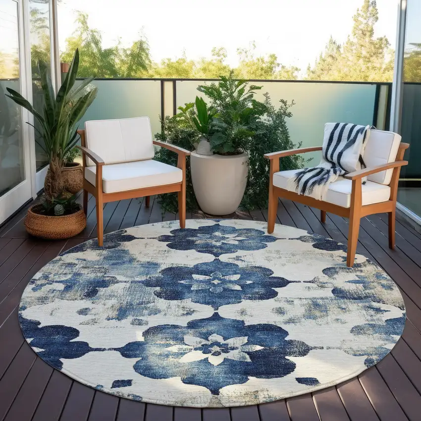 8' Navy Blue And Ivory Round Floral Washable Indoor Outdoor Area Rug Photo 5