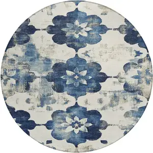 Photo of 8' Navy Blue And Ivory Round Floral Washable Indoor Outdoor Area Rug