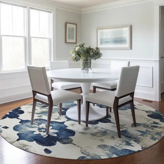 8' Navy Blue And Ivory Round Floral Washable Indoor Outdoor Area Rug Photo 6