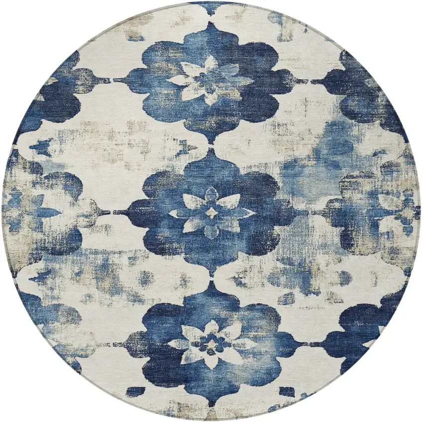 8' Navy Blue And Ivory Round Floral Washable Indoor Outdoor Area Rug Photo 3