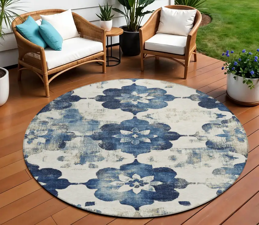 8' Navy Blue And Ivory Round Floral Washable Indoor Outdoor Area Rug Photo 2
