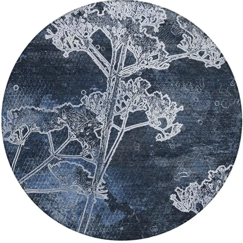 8' Navy Blue And Ivory Round Floral Washable Indoor Outdoor Area Rug Photo 4